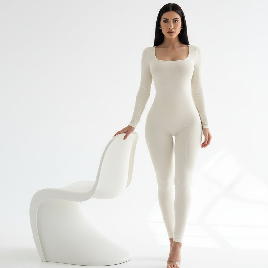 Women’s Yoga Jumpsuit – Ribbed Long Sleeve Sports & Exercise Outfit