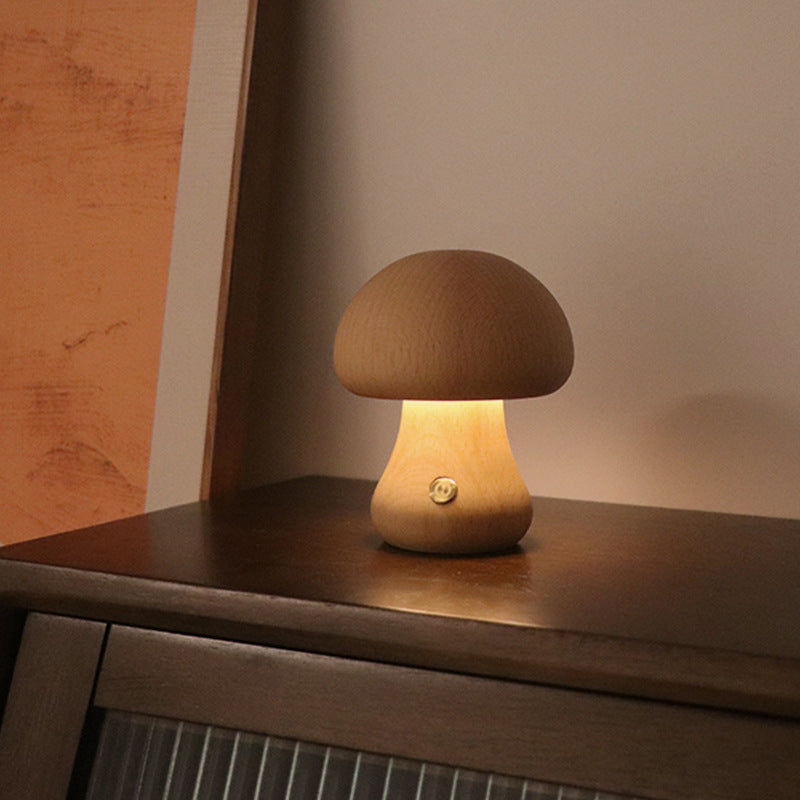Wooden Cute Mushroom LED Night Light – Touch Switch Bedside Lamp for Kids’ Bedroom & Home Decor