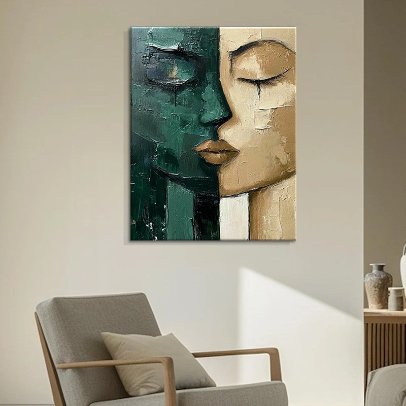 Hand-Painted Modern Oil Painting – Green & Beige Face Canvas Wall Art