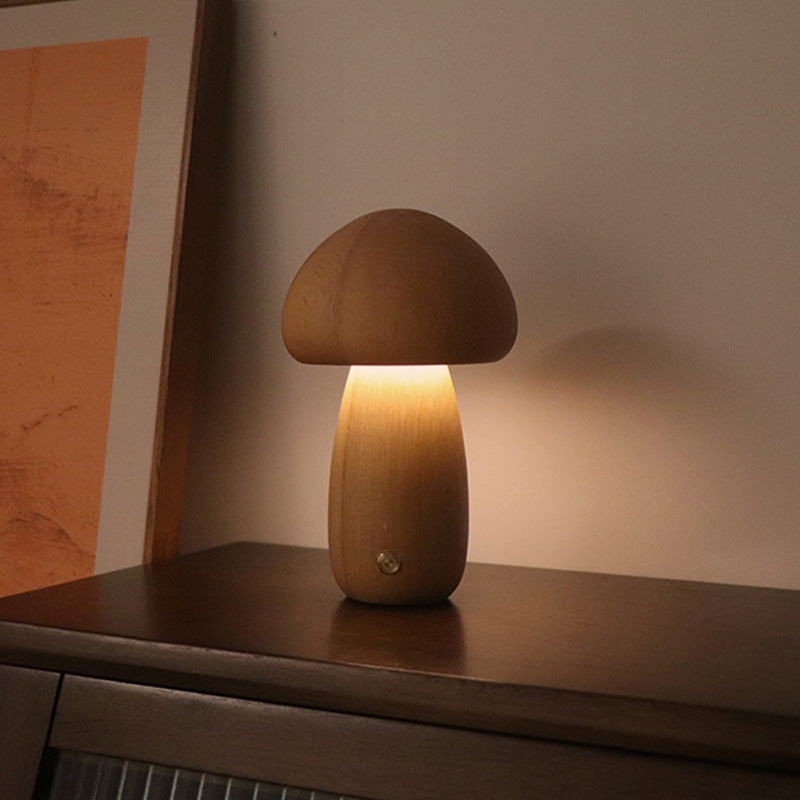 Wooden Cute Mushroom LED Night Light – Touch Switch Bedside Lamp for Kids’ Bedroom & Home Decor