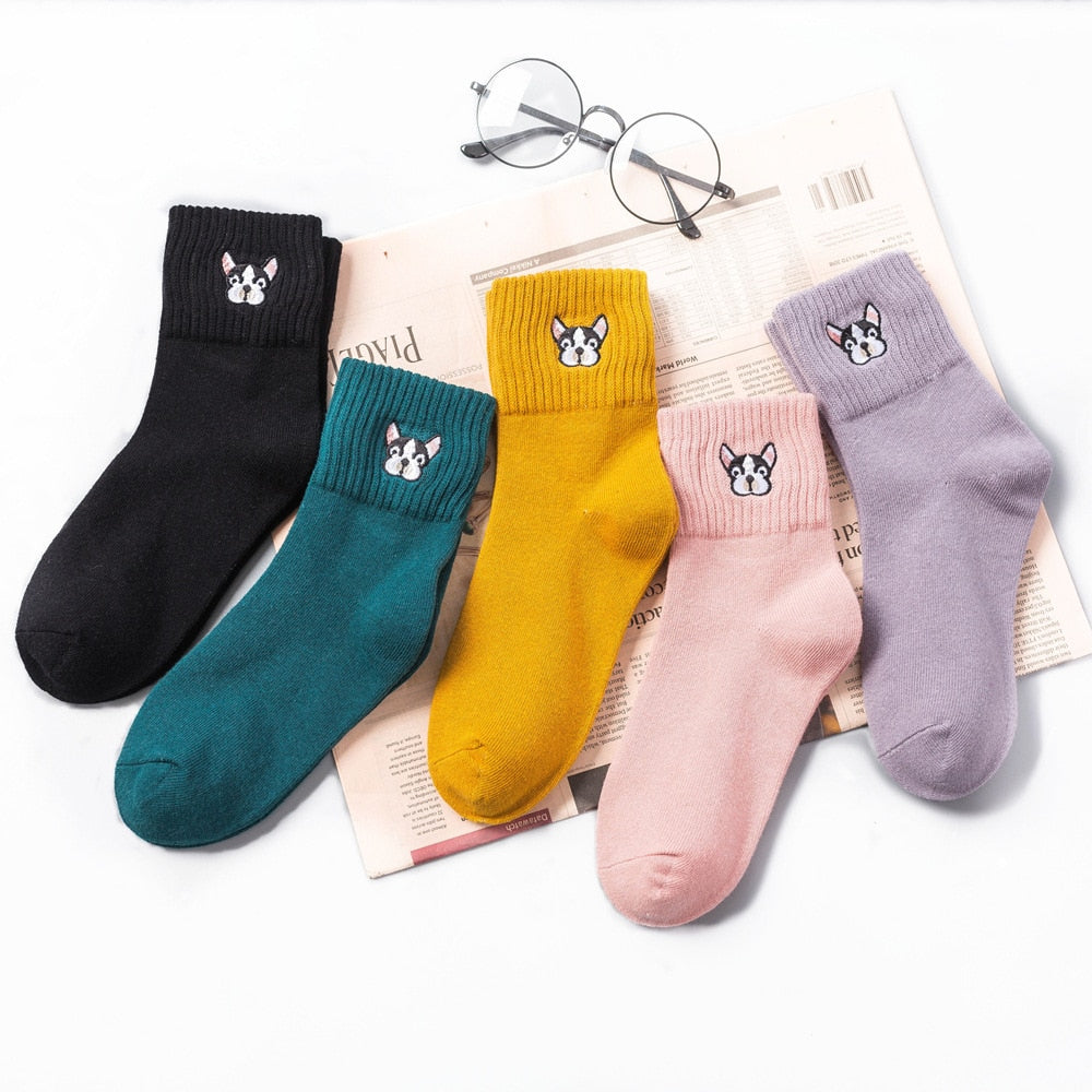 Cute Harajuku Dog Embroidery Cotton Socks for Women – Thick Casual Comfort | Size 35–42