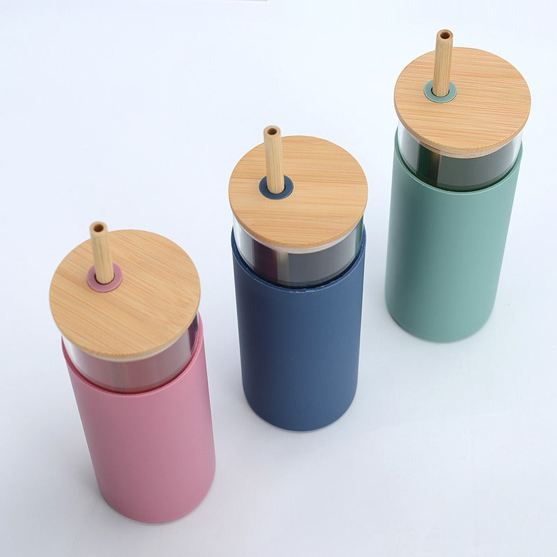 Bamboo Covered Glass Cup with Silicone Sleeve & Straw – Eco-Friendly, Leak-Proof, High-Temperature Resistant