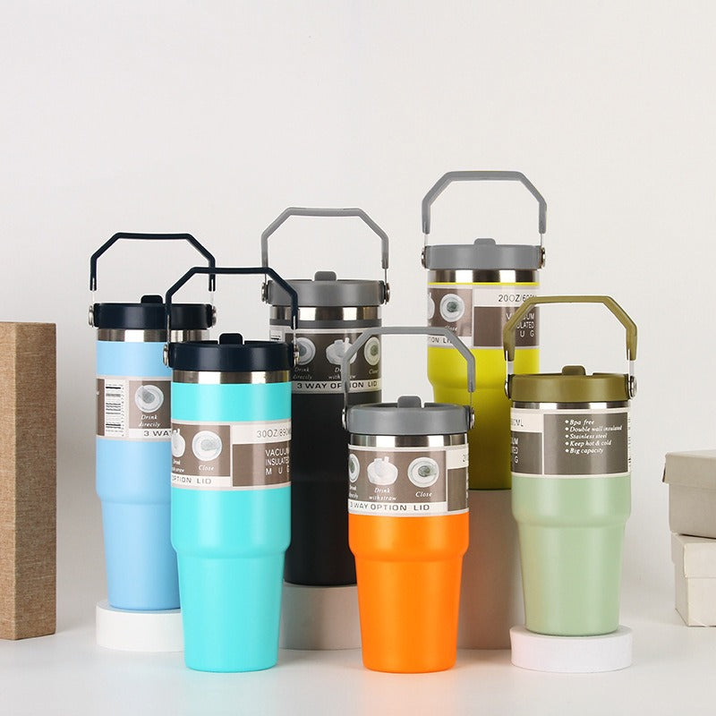 Stainless Steel Insulated Car Cup – Portable Travel Sports Tumbler With Handle & Splash-Proof Lid