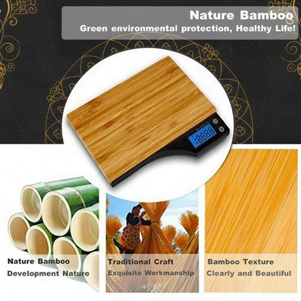 Balança Digital de Bambu para Alimentos – Balança de Cozinha de Precisão com Função Tara, Capacidade de 5kg