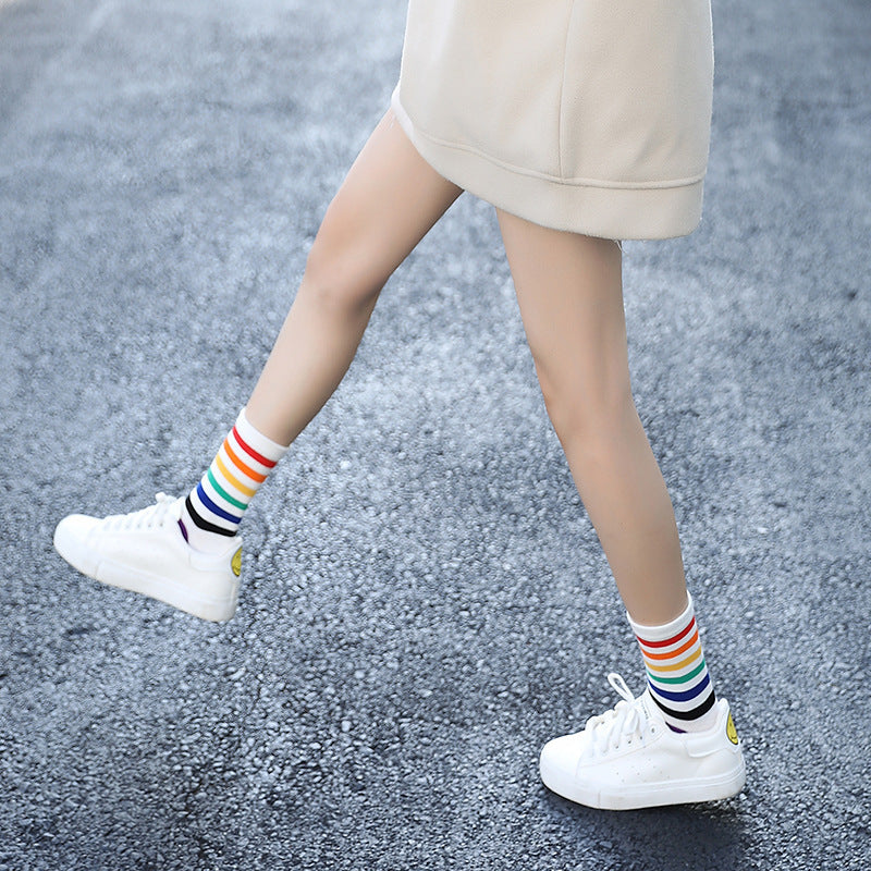 Rainbow Striped Harajuku Cotton Socks – Colorful Casual Fashion Socks for Women