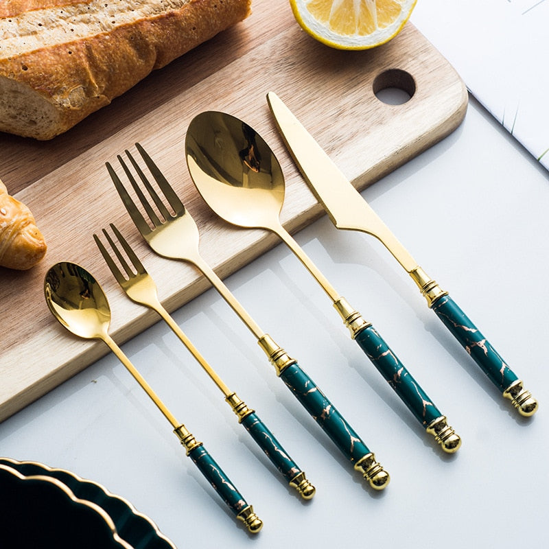 Vintage 5-Piece Ceramic & Stainless Steel Cutlery Set – Luxury Golden Tableware for Home & Restaurant