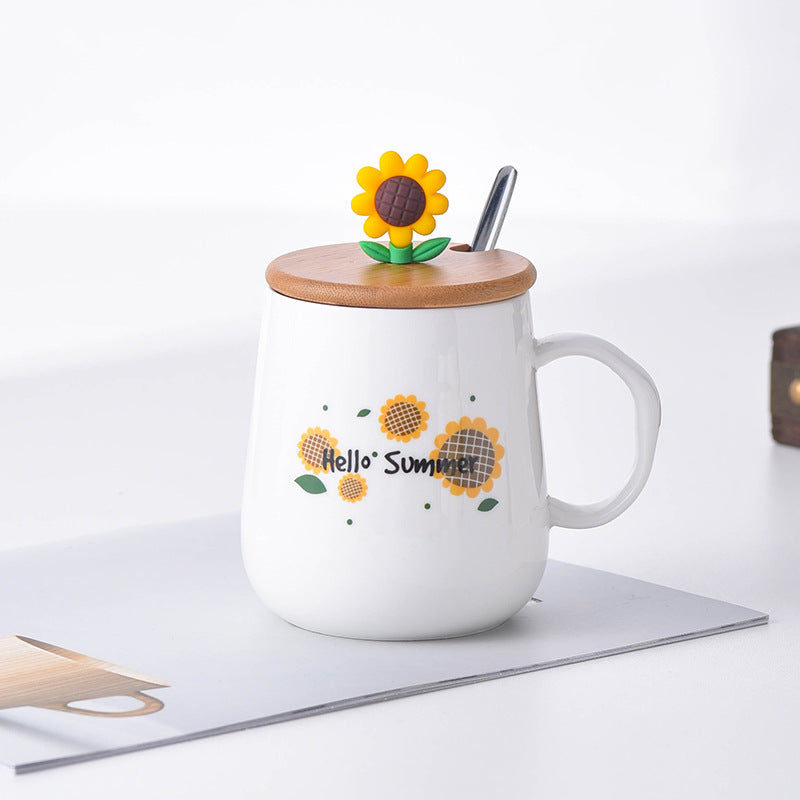 Creative Sunflower Ceramic Mug with Lid & Spoon – Cute Coffee & Milk Cup