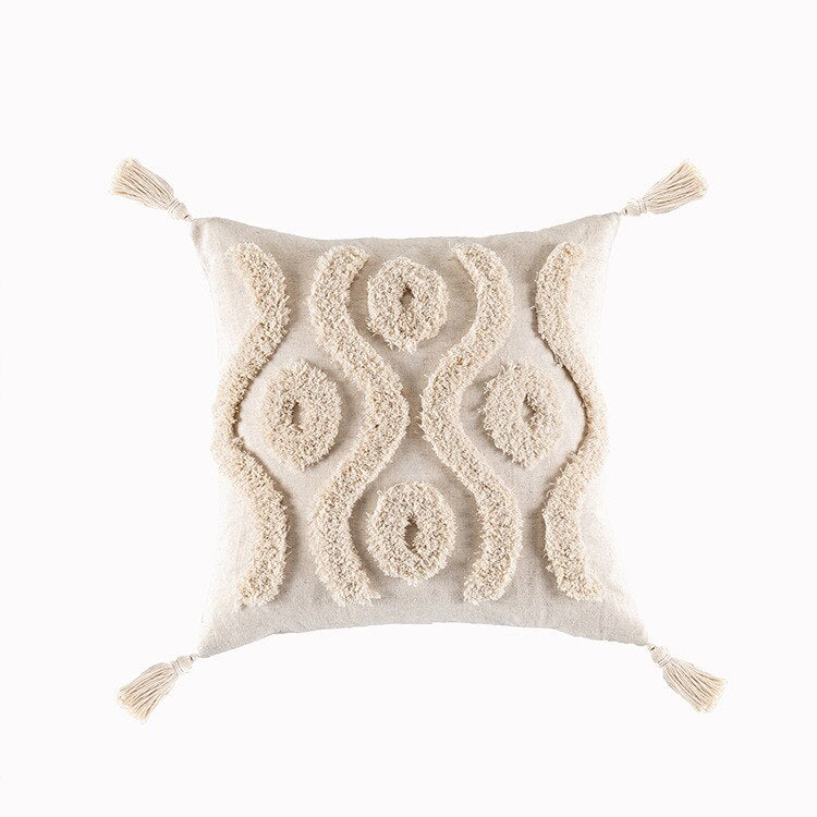 Boho Tassels Cushion Cover – Beige & White Cotton Linen Macrame Pillowcase