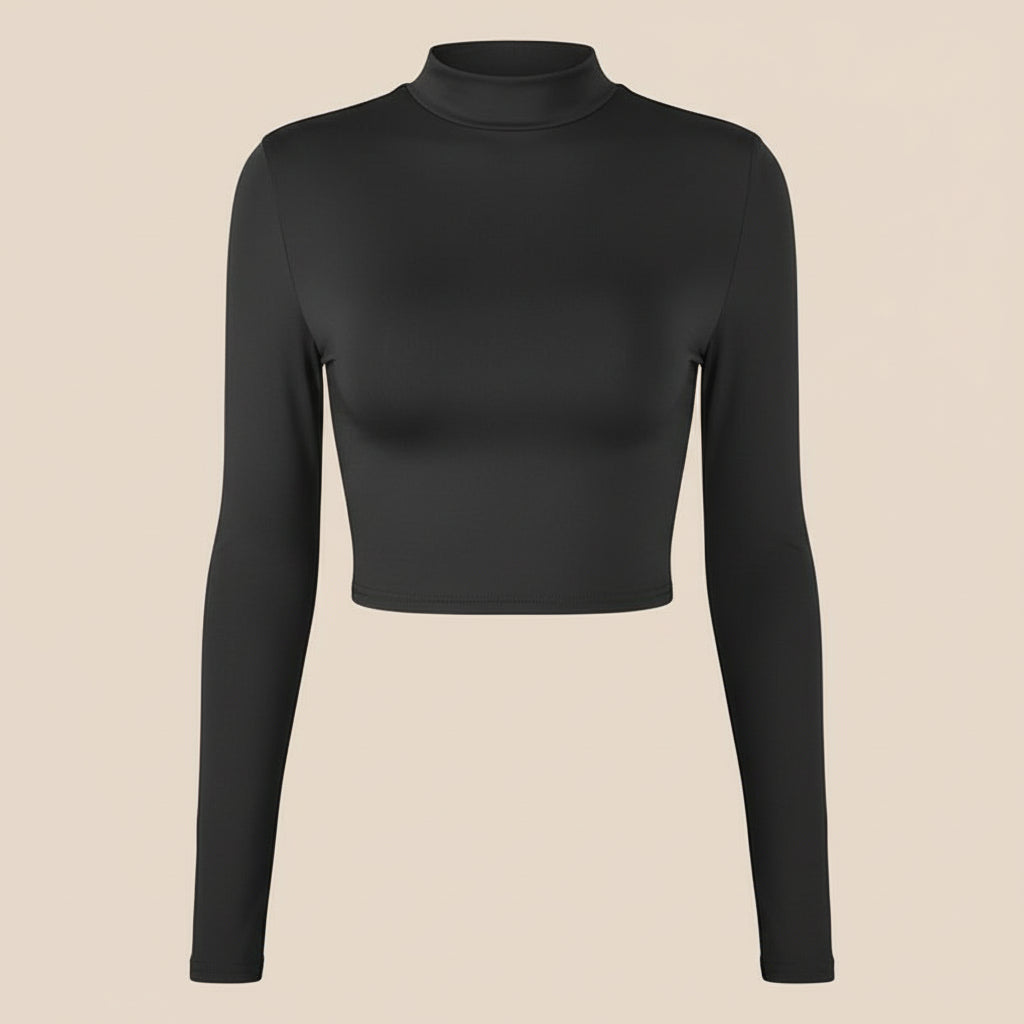 Blusa de mulher de manga comprida com corte justo e gola alta.