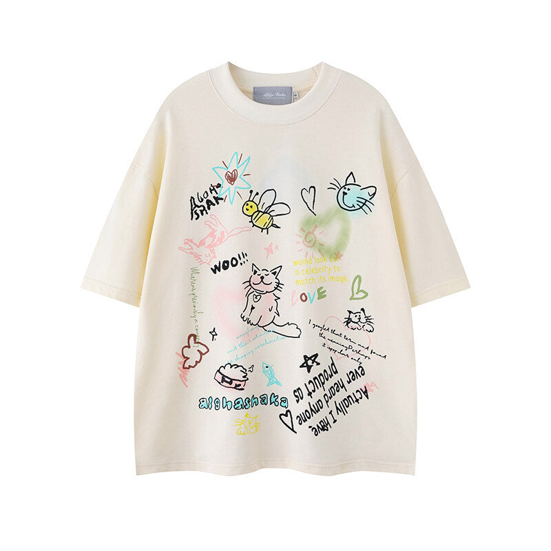 Japanese Retro Casual T-Shirts for Women | Loose Fit Short Sleeve Cotton Blend