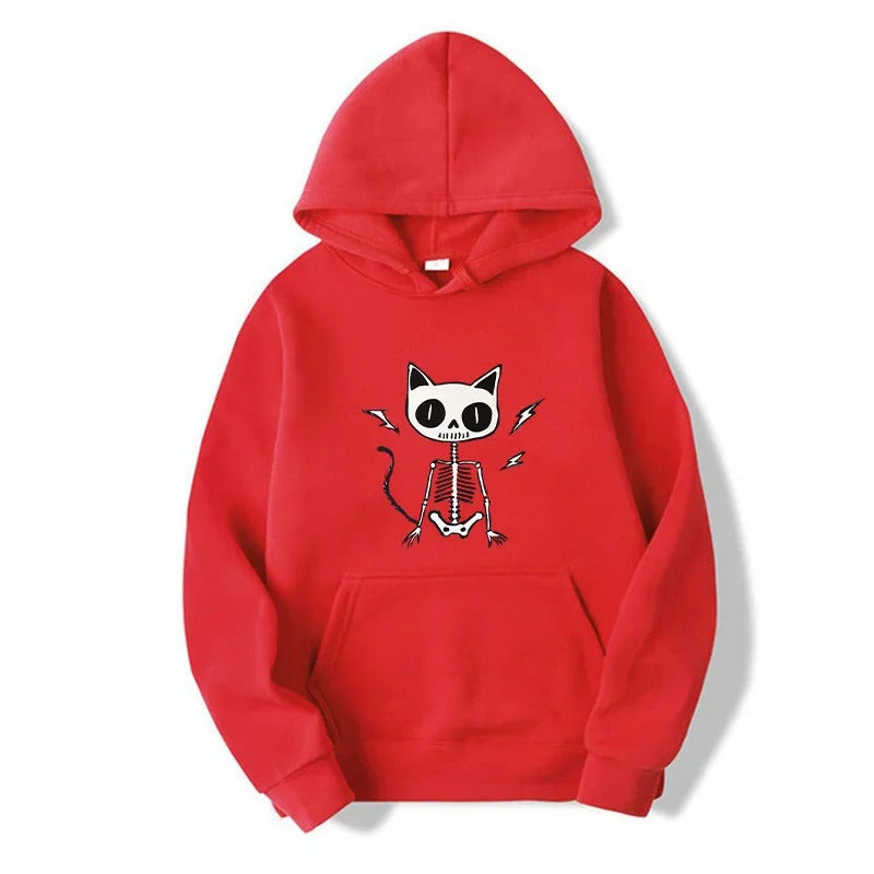 Cartoon Skull Cat Hoodie – Unisex Printed Sweatshirt | Streetwear Casual Long Sleeve Top