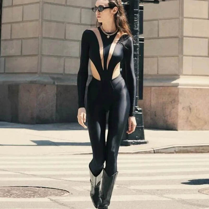 Round Neck Long-Sleeved Patchwork Color-Blocked Women’s Jumpsuit – Tight Fit, High Elasticity, European Style