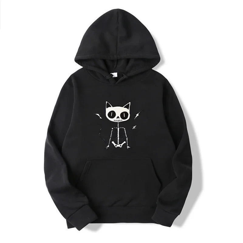 Cartoon Skull Cat Hoodie – Unisex Printed Sweatshirt | Streetwear Casual Long Sleeve Top