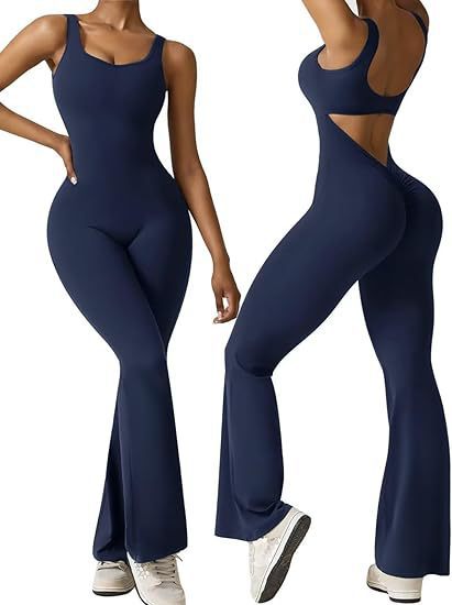 Women's Backless Sleeveless Flared Jumpsuit – Sexy High-Waist Yoga One-Piece | Polyester & Spandex