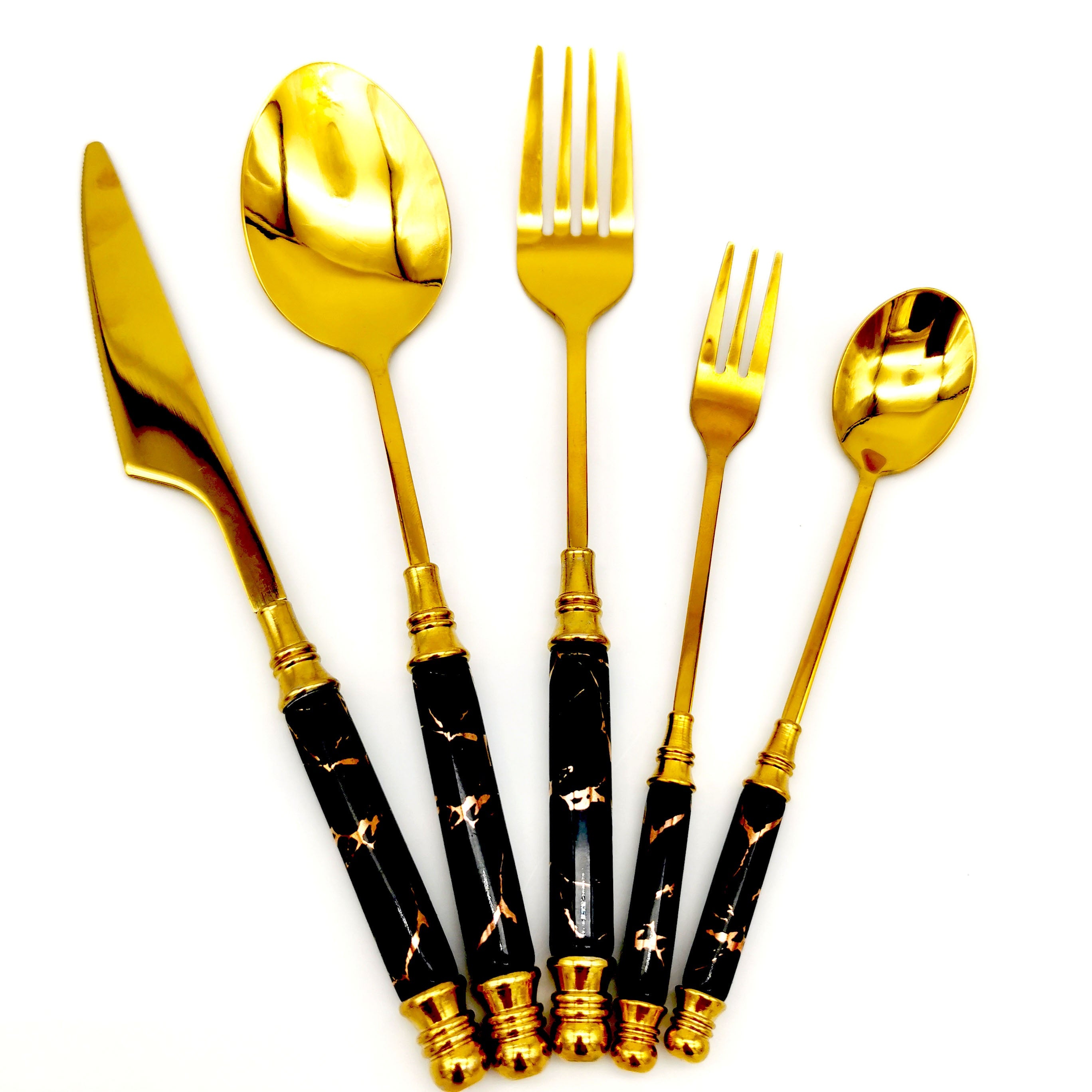 Vintage 5-Piece Ceramic & Stainless Steel Cutlery Set – Luxury Golden Tableware for Home & Restaurant