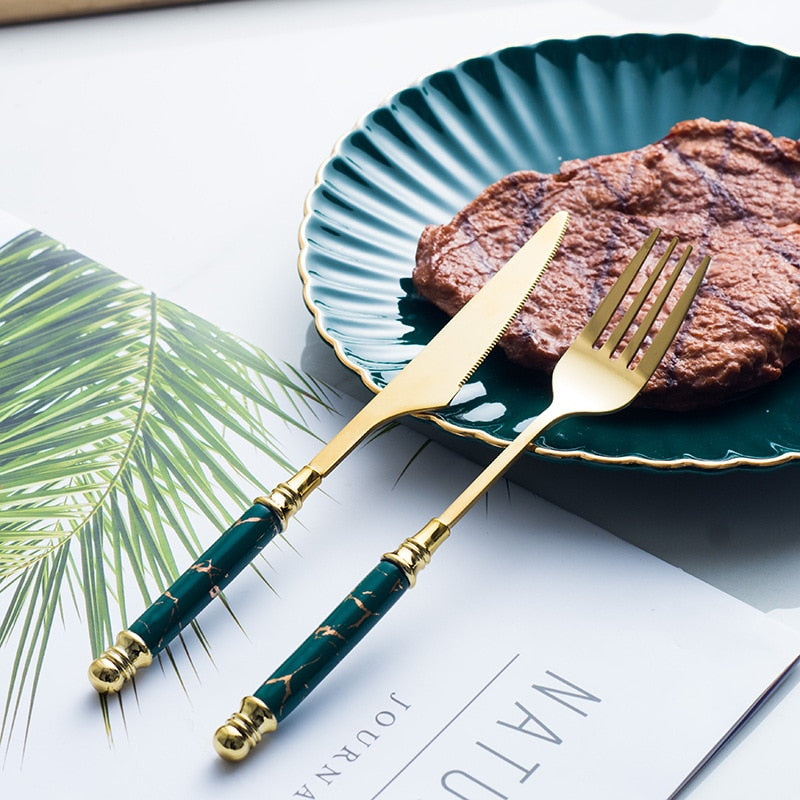 Vintage 5-Piece Ceramic & Stainless Steel Cutlery Set – Luxury Golden Tableware for Home & Restaurant