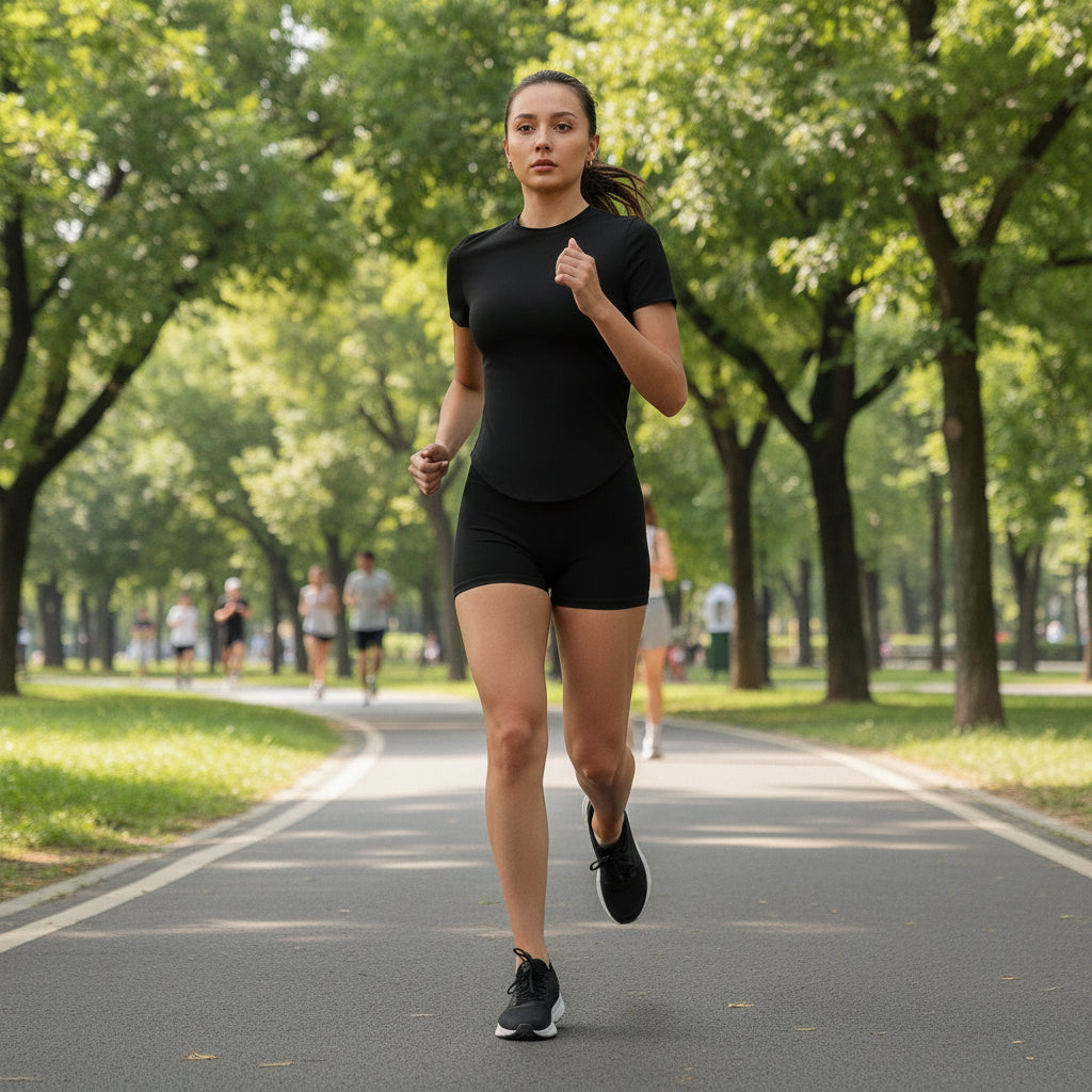 Women’s Activewear Set – Nylon & Spandex Gym Outfit | Short Sleeve & Shorts