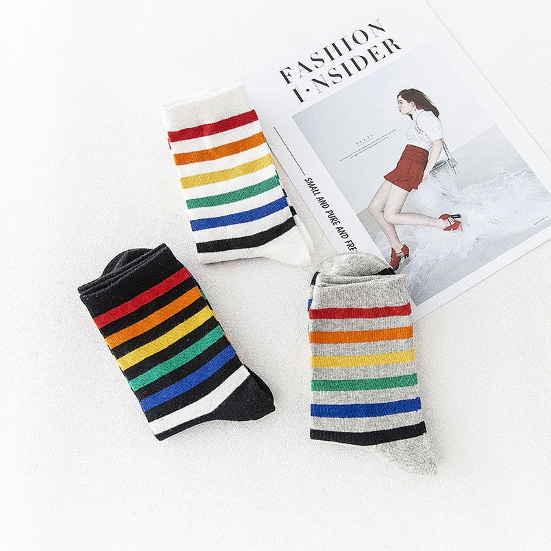 Rainbow Striped Harajuku Cotton Socks – Colorful Casual Fashion Socks for Women