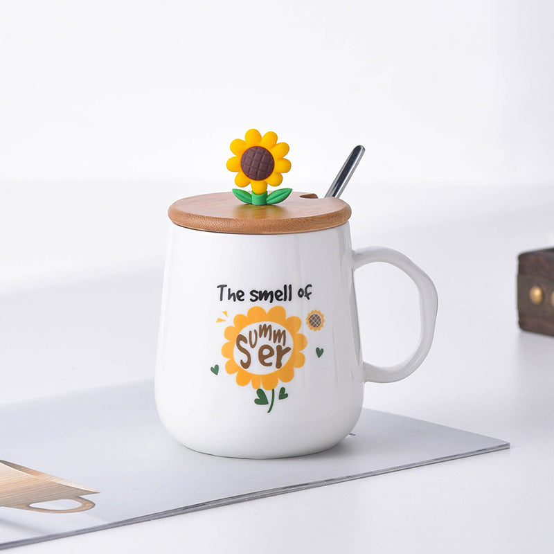Creative Sunflower Ceramic Mug with Lid & Spoon – Cute Coffee & Milk Cup