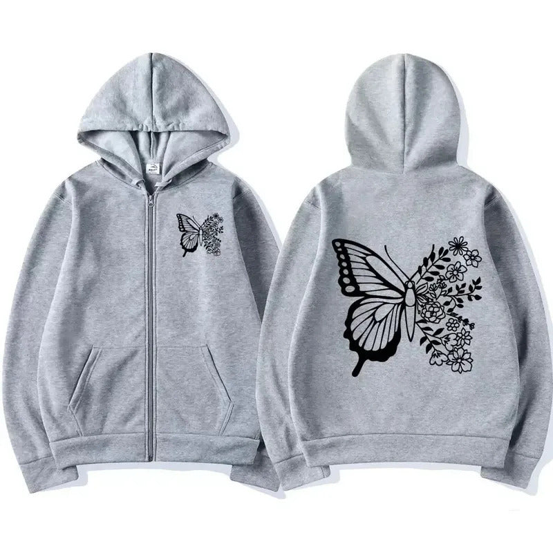 Trendy Butterfly Pattern Hooded Sweatshirt – Unisex Long Sleeve Casual Jacket