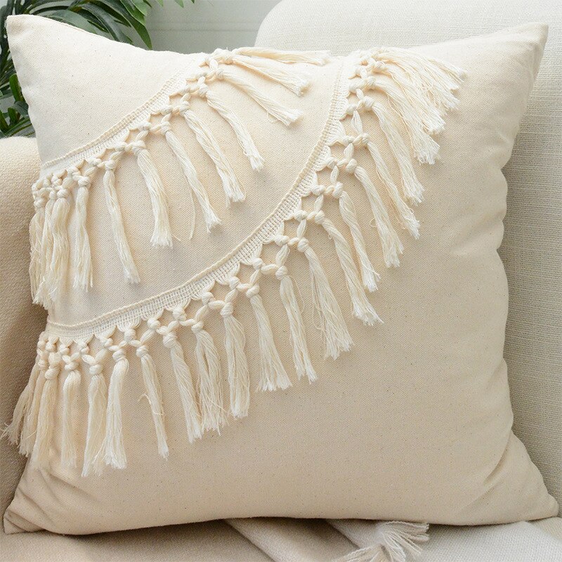 Boho Tassels Cushion Cover – Beige & White Cotton Linen Macrame Pillowcase