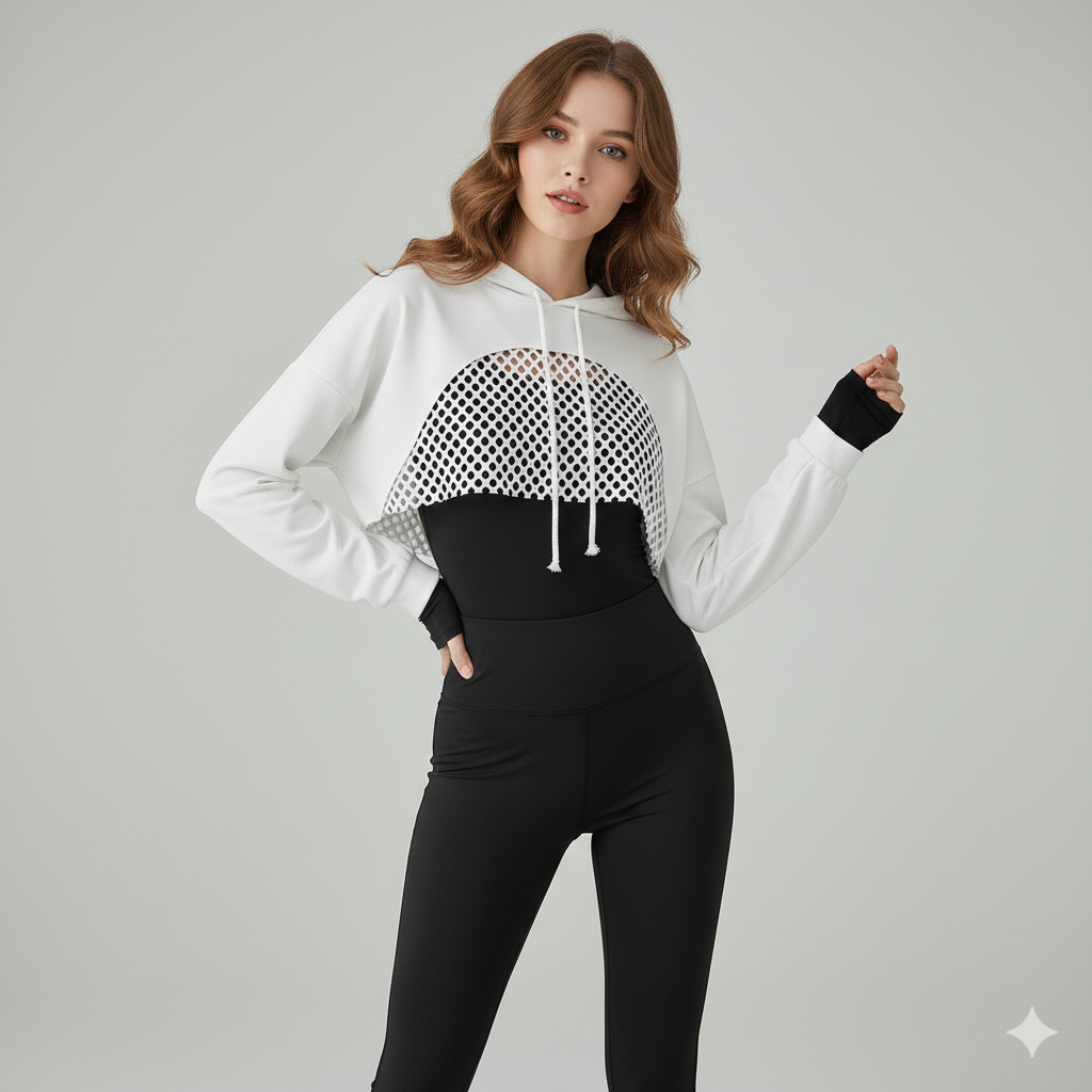 Black & White Hollow Drawstring Hooded Sweatshirt for Women – Casual Long Sleeve Pullover