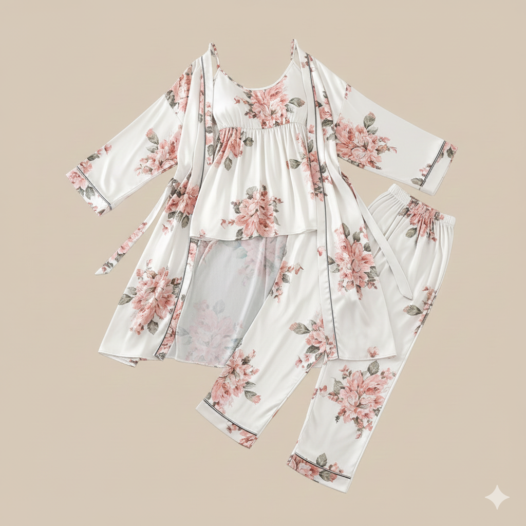 Conjunto de roupa de dormir de luxo em algodão e seda – respirável, confortável, ideal para dormir e usar em casa.