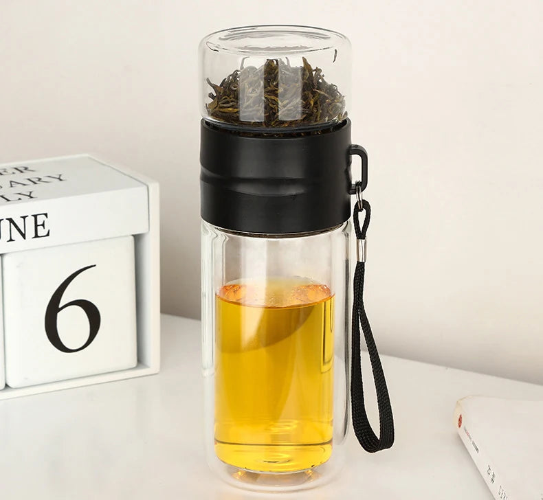 Double-Wall Glass Tea Infuser Tumbler – High-Temperature Portable Water Cup with Stainless Steel Filter | Leak-Proof Travel & Office Bottle (350ml)