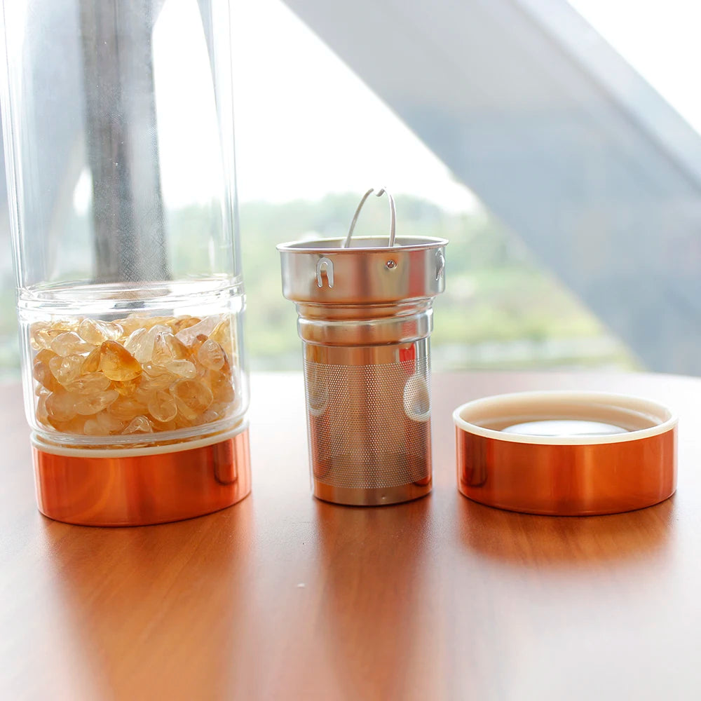 Natural Crystal Elixir Bottle – Gemstone Healing Glass Bottle with Tea Filter | Energy-Infused Crystal Water Bottle