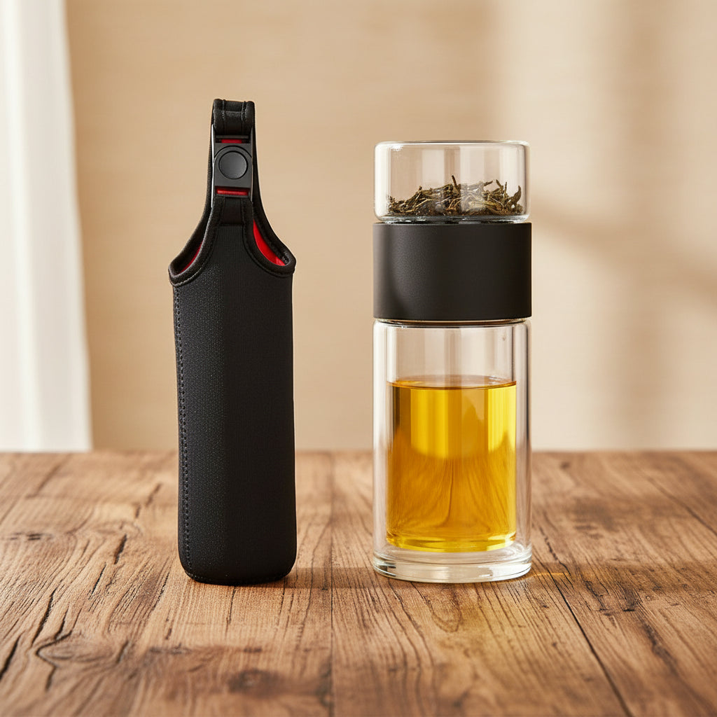 Portable Double-Wall Borosilicate Glass Tea & Coffee Travel Mug with Infuser | Leakproof Eco-Friendly Tumbler