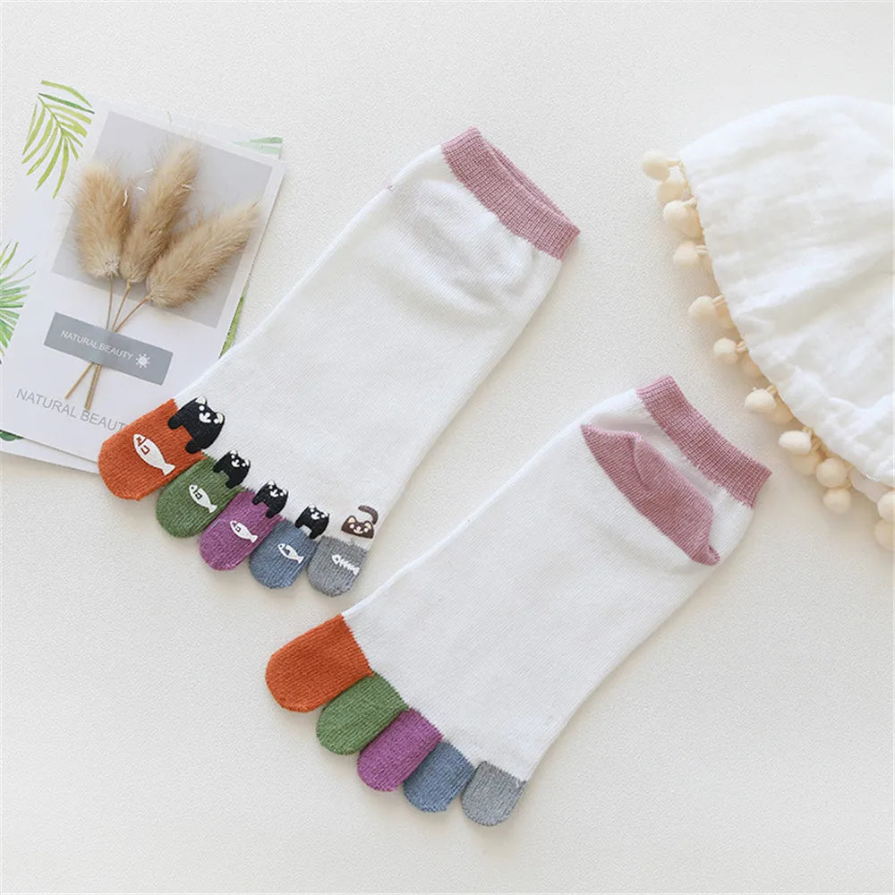 Women Cute Happy Print Colorful Five-Finger Harajuku Cotton Socks – Breathable, Anti-Friction & Fun Design