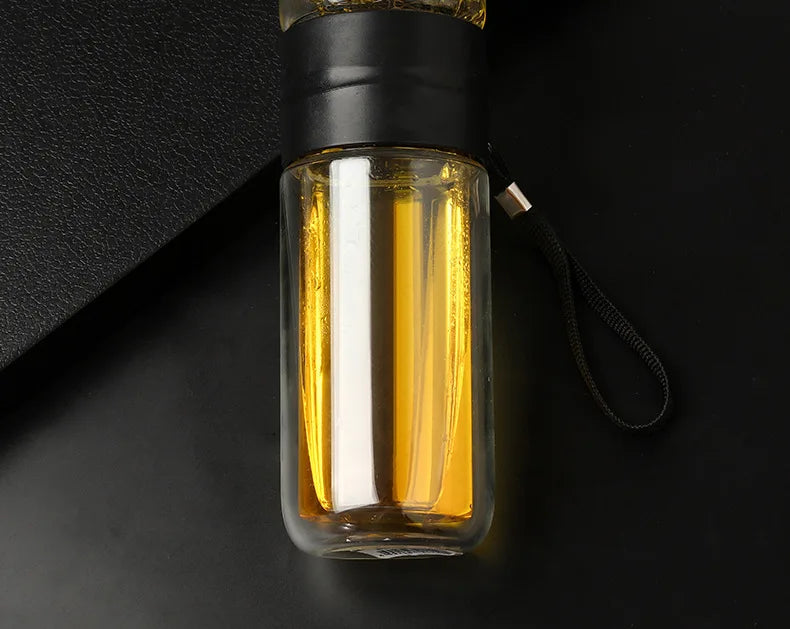 Double-Wall Glass Tea Infuser Tumbler – High-Temperature Portable Water Cup with Stainless Steel Filter | Leak-Proof Travel & Office Bottle (350ml)