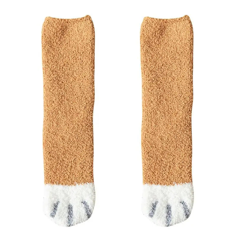 Winter Fall Kawaii Cat Claw Socks for Women – Thick Coral Fleece Knee-High Thermal Sock | Cute Warm Sleeping Tube Socks