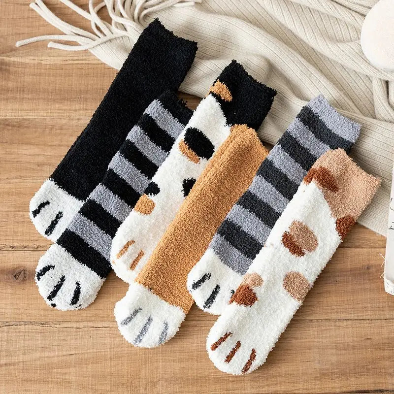 Winter Fall Kawaii Cat Claw Socks for Women – Thick Coral Fleece Knee-High Thermal Sock | Cute Warm Sleeping Tube Socks