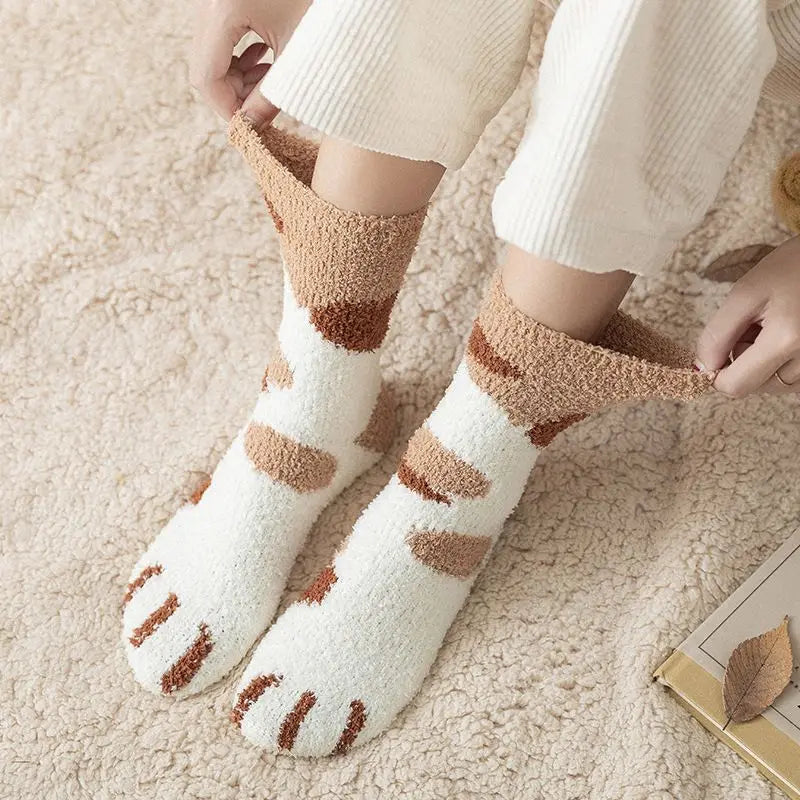Winter Fall Kawaii Cat Claw Socks for Women – Thick Coral Fleece Knee-High Thermal Sock | Cute Warm Sleeping Tube Socks