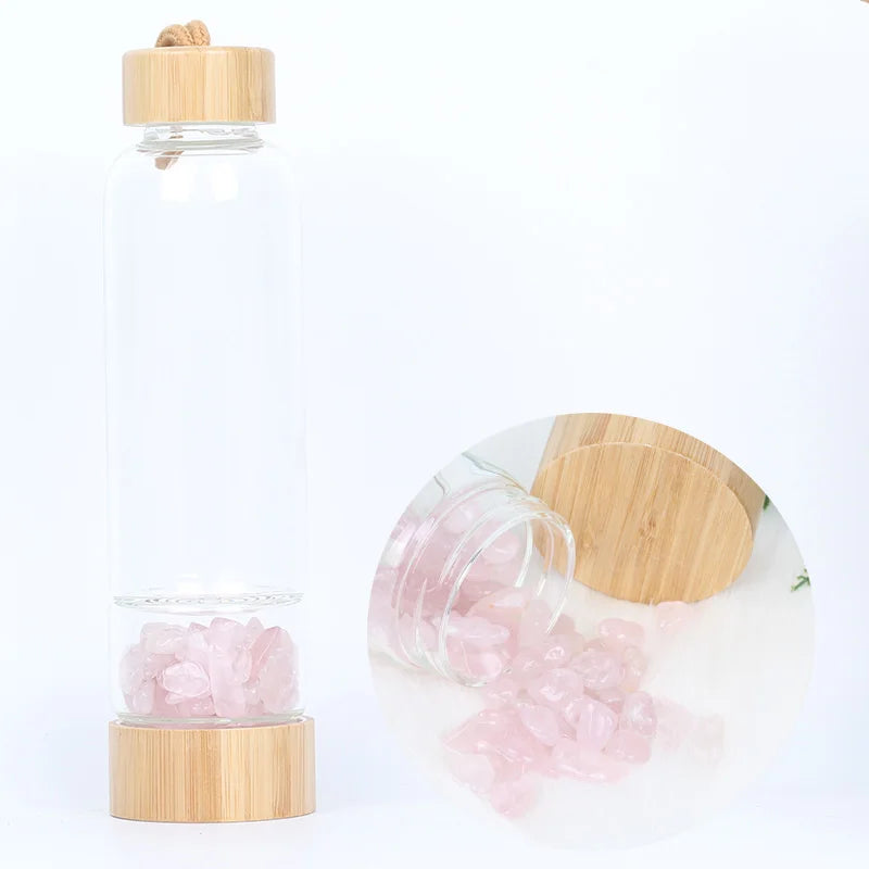 Natural Crystal Quartz Water Bottle – Gemstone Glass Elixir Cup | Healing & Energy Infusion