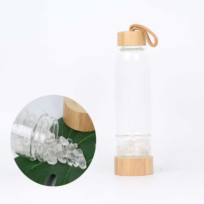 Natural Crystal Quartz Water Bottle – Gemstone Glass Elixir Cup | Healing & Energy Infusion