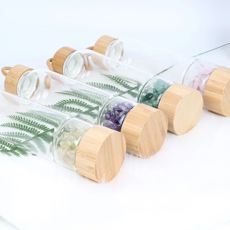 Natural Crystal Quartz Water Bottle – Gemstone Glass Elixir Cup | Healing & Energy Infusion