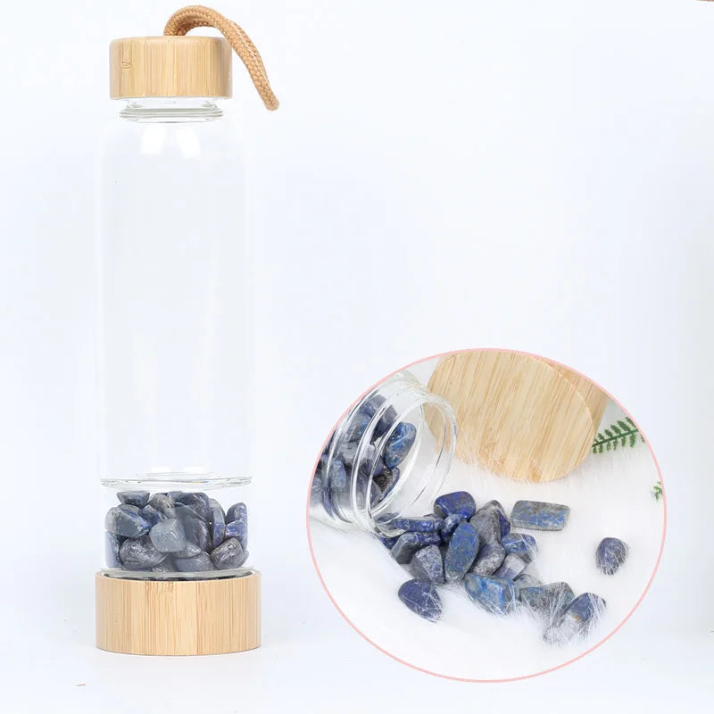 Natural Crystal Quartz Water Bottle – Gemstone Glass Elixir Cup | Healing & Energy Infusion