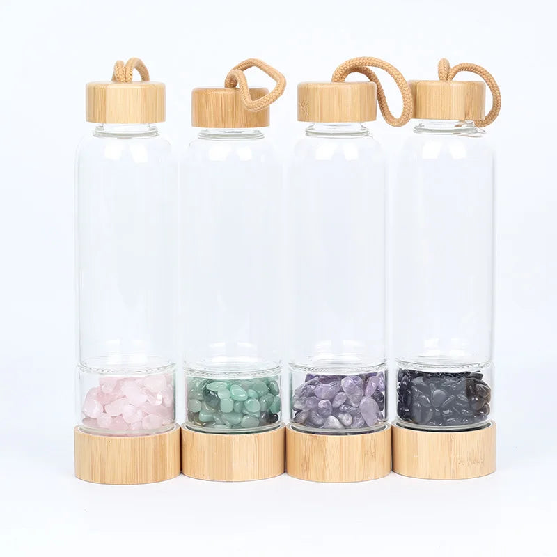 Natural Crystal Quartz Water Bottle – Gemstone Glass Elixir Cup | Healing & Energy Infusion