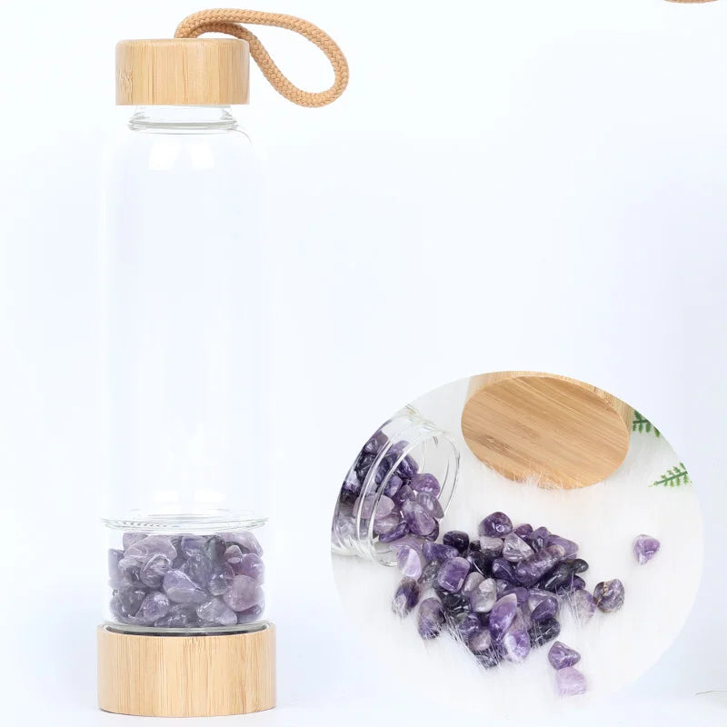 Natural Crystal Quartz Water Bottle – Gemstone Glass Elixir Cup | Healing & Energy Infusion