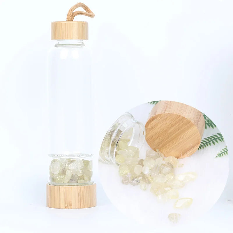 Natural Crystal Quartz Water Bottle – Gemstone Glass Elixir Cup | Healing & Energy Infusion