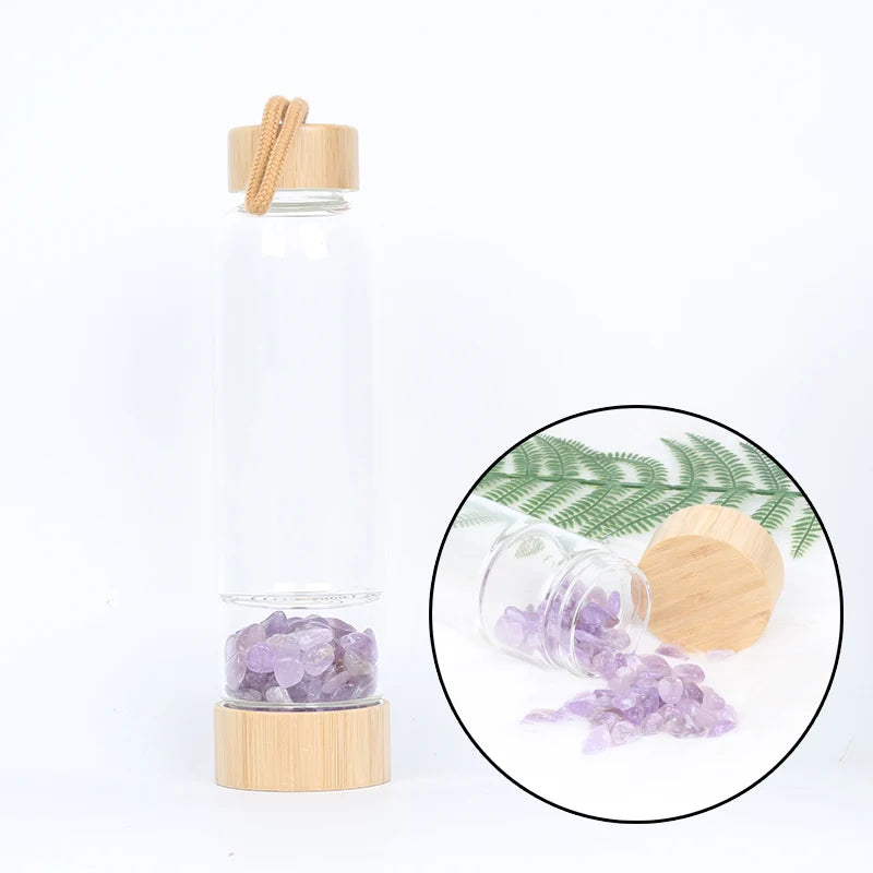 Natural Crystal Quartz Water Bottle – Gemstone Glass Elixir Cup | Healing & Energy Infusion