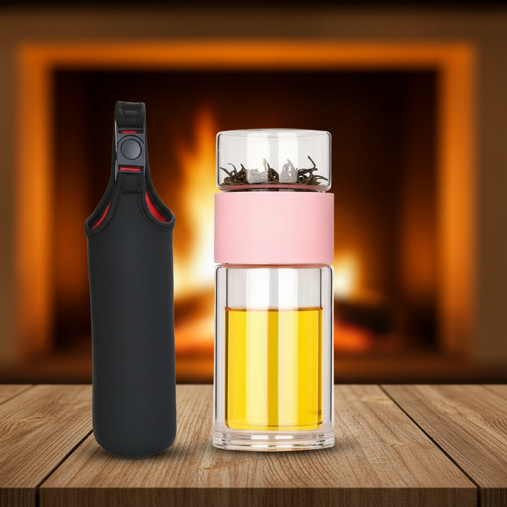 Portable Double-Wall Borosilicate Glass Tea & Coffee Travel Mug with Infuser | Leakproof Eco-Friendly Tumbler