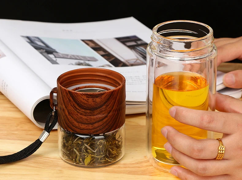 Double-Wall Glass Tea Infuser Tumbler – High-Temperature Portable Water Cup with Stainless Steel Filter | Leak-Proof Travel & Office Bottle (350ml)