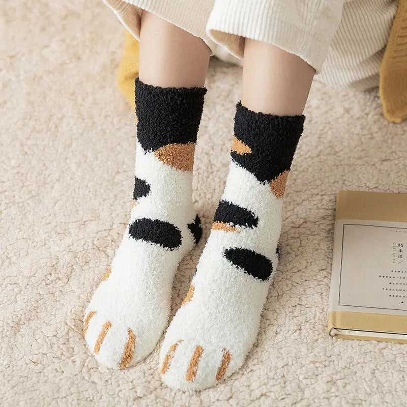 Winter Fall Kawaii Cat Claw Socks for Women – Thick Coral Fleece Knee-High Thermal Sock | Cute Warm Sleeping Tube Socks