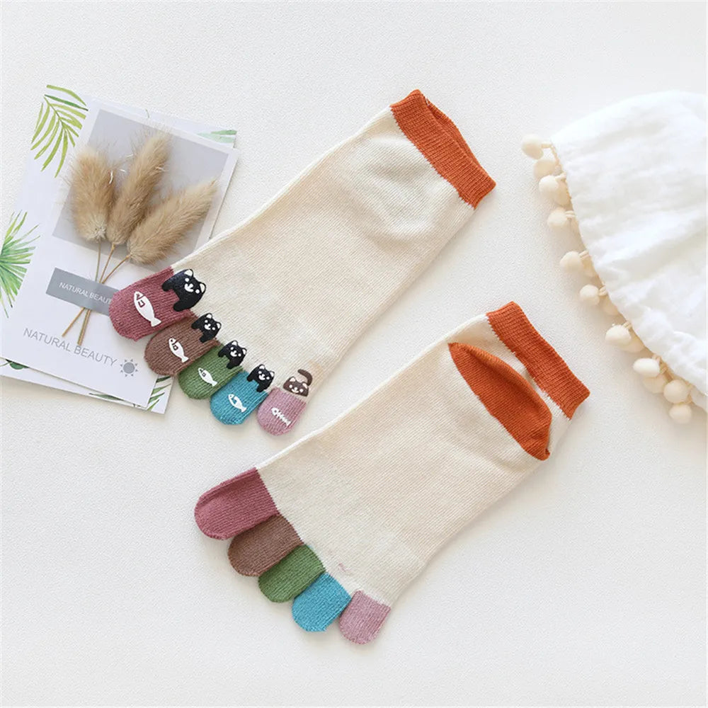 Women Cute Happy Print Colorful Five-Finger Harajuku Cotton Socks – Breathable, Anti-Friction & Fun Design