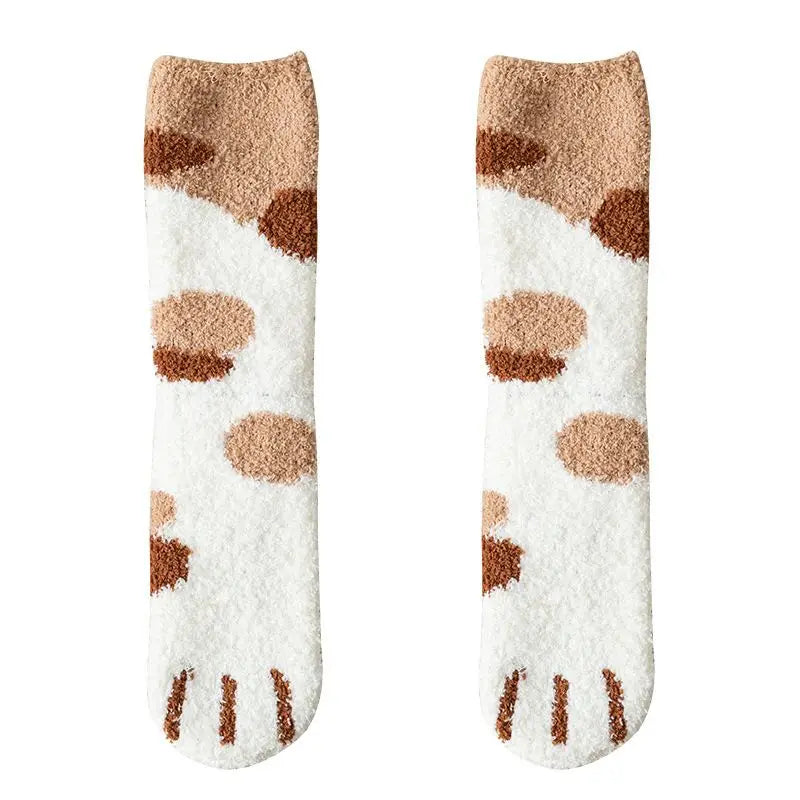 Winter Fall Kawaii Cat Claw Socks for Women – Thick Coral Fleece Knee-High Thermal Sock | Cute Warm Sleeping Tube Socks