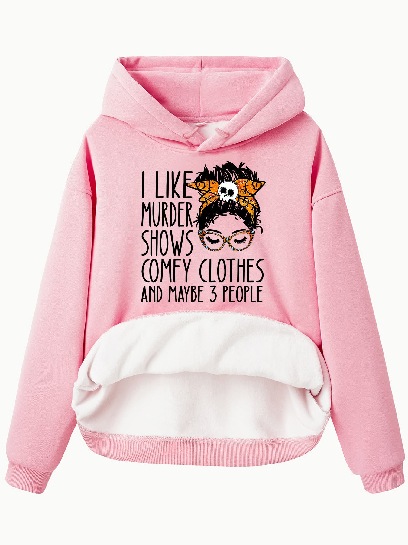 Street Style Women’s Pocket Drawstring Hooded Fleece Hoodie – Loose Fit Printed Lantern Sleeve Top