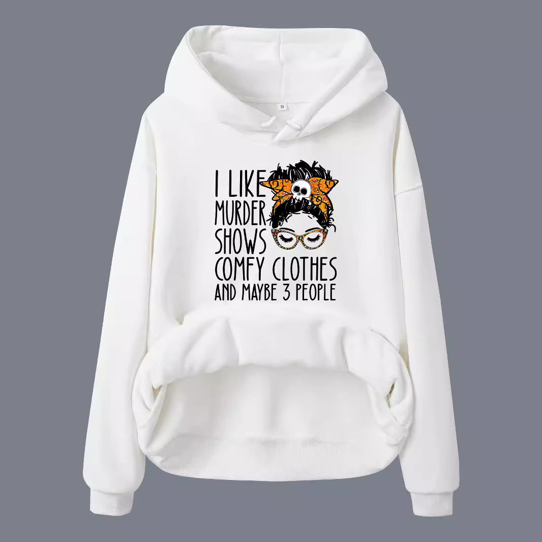 Street Style Women’s Pocket Drawstring Hooded Fleece Hoodie – Loose Fit Printed Lantern Sleeve Top